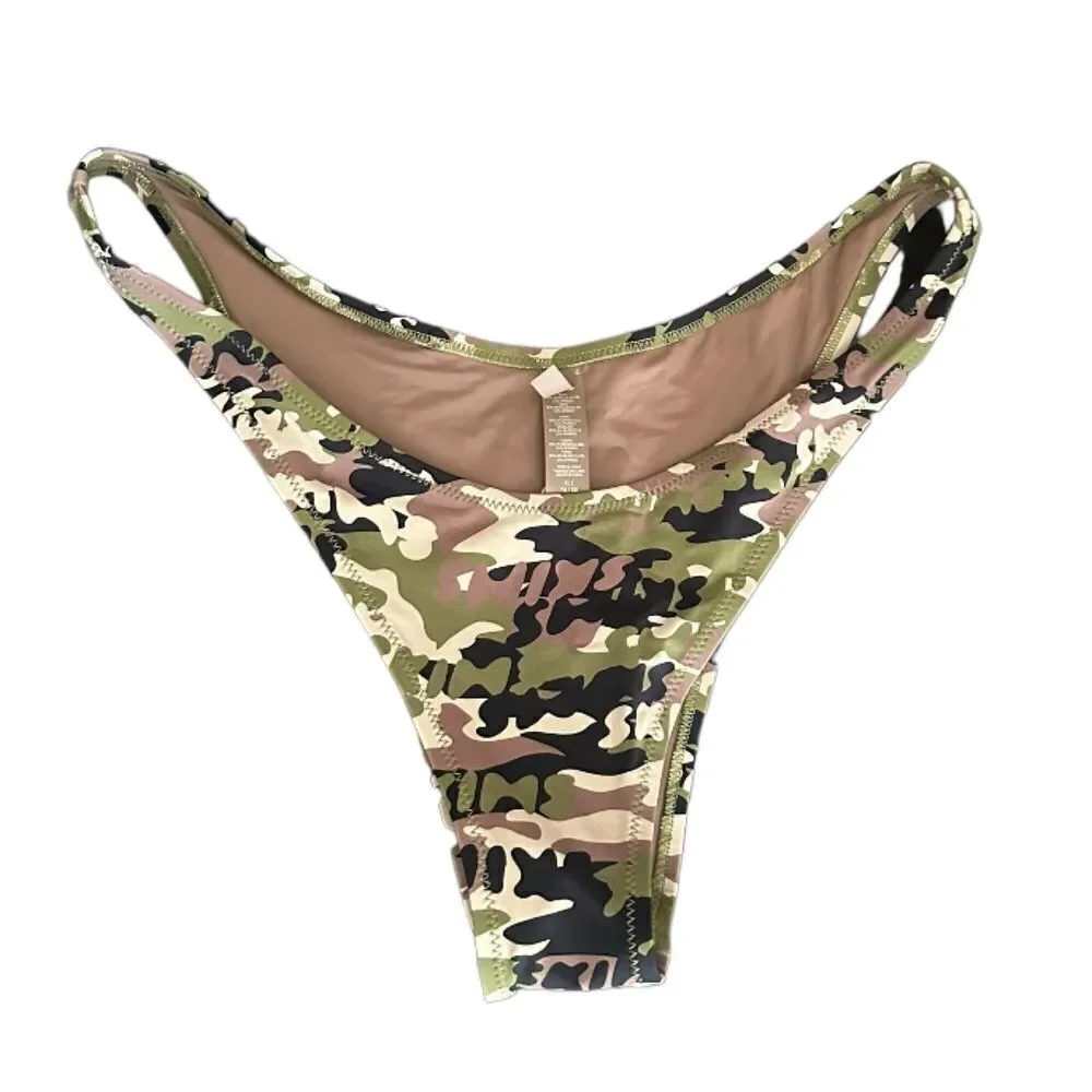 NWT SKIMS Recycled Logo Camo Green Brown Bikini Swim Thong Bottom